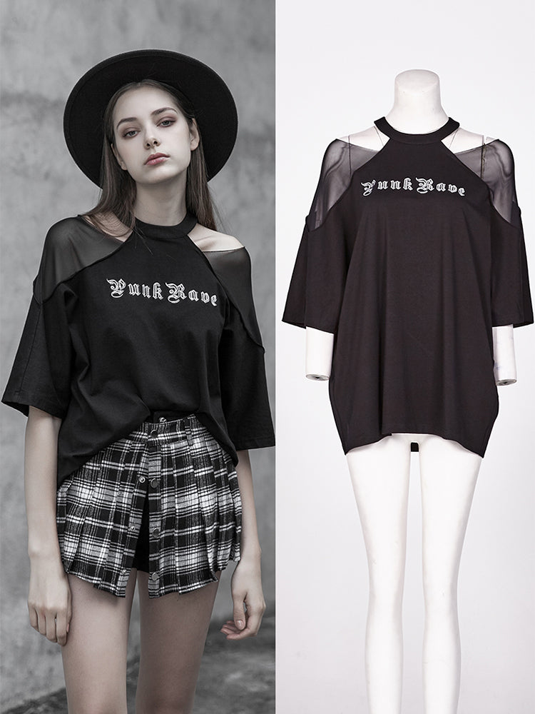 Cutout Mesh Shoulder Black Tee
