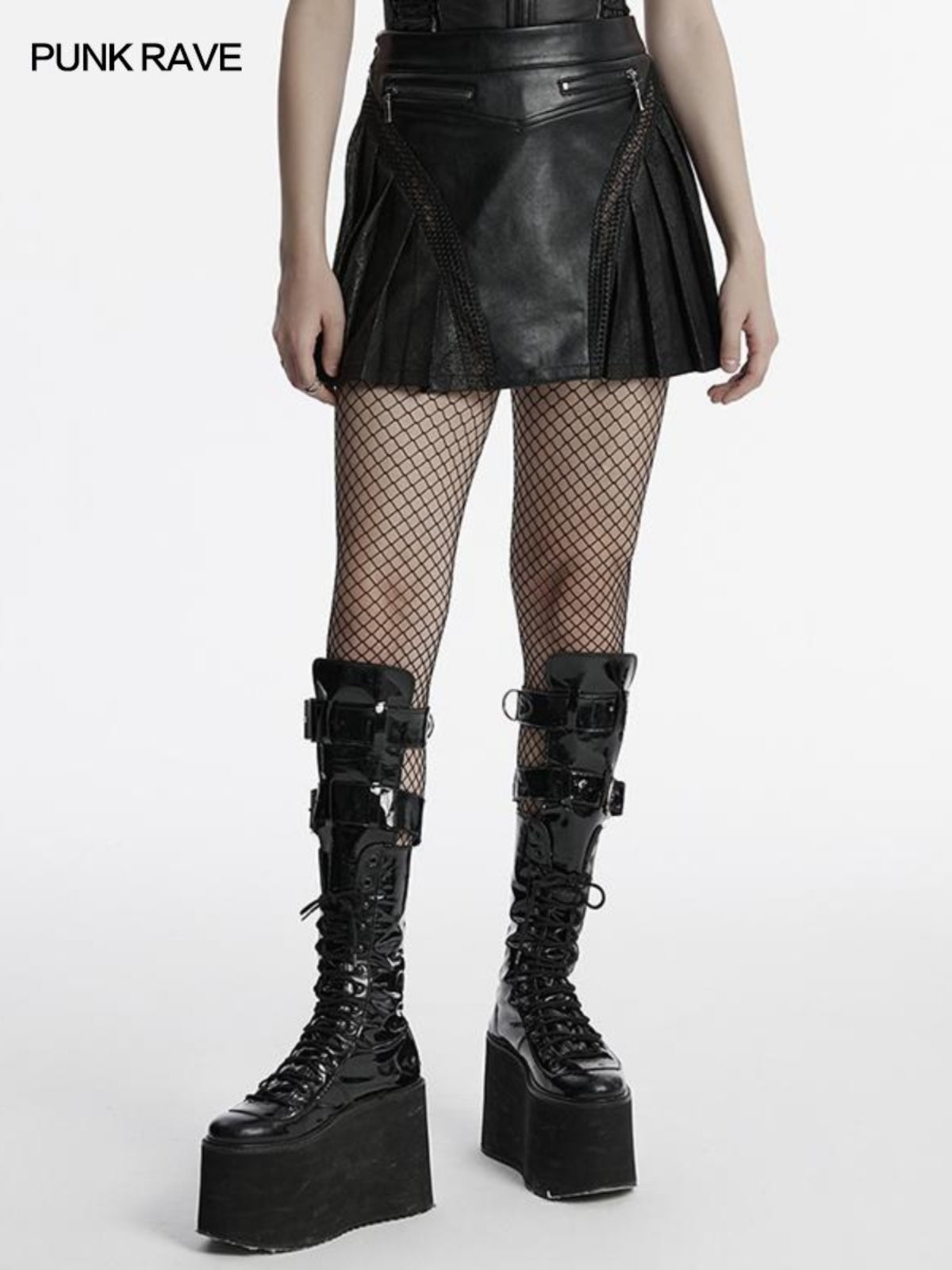 Punk pleated faux-leather mini skirt