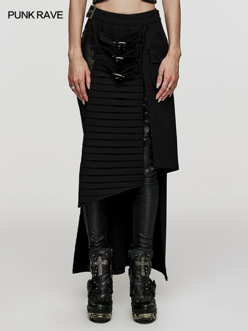 Punk denim asymmetric maxi skirt