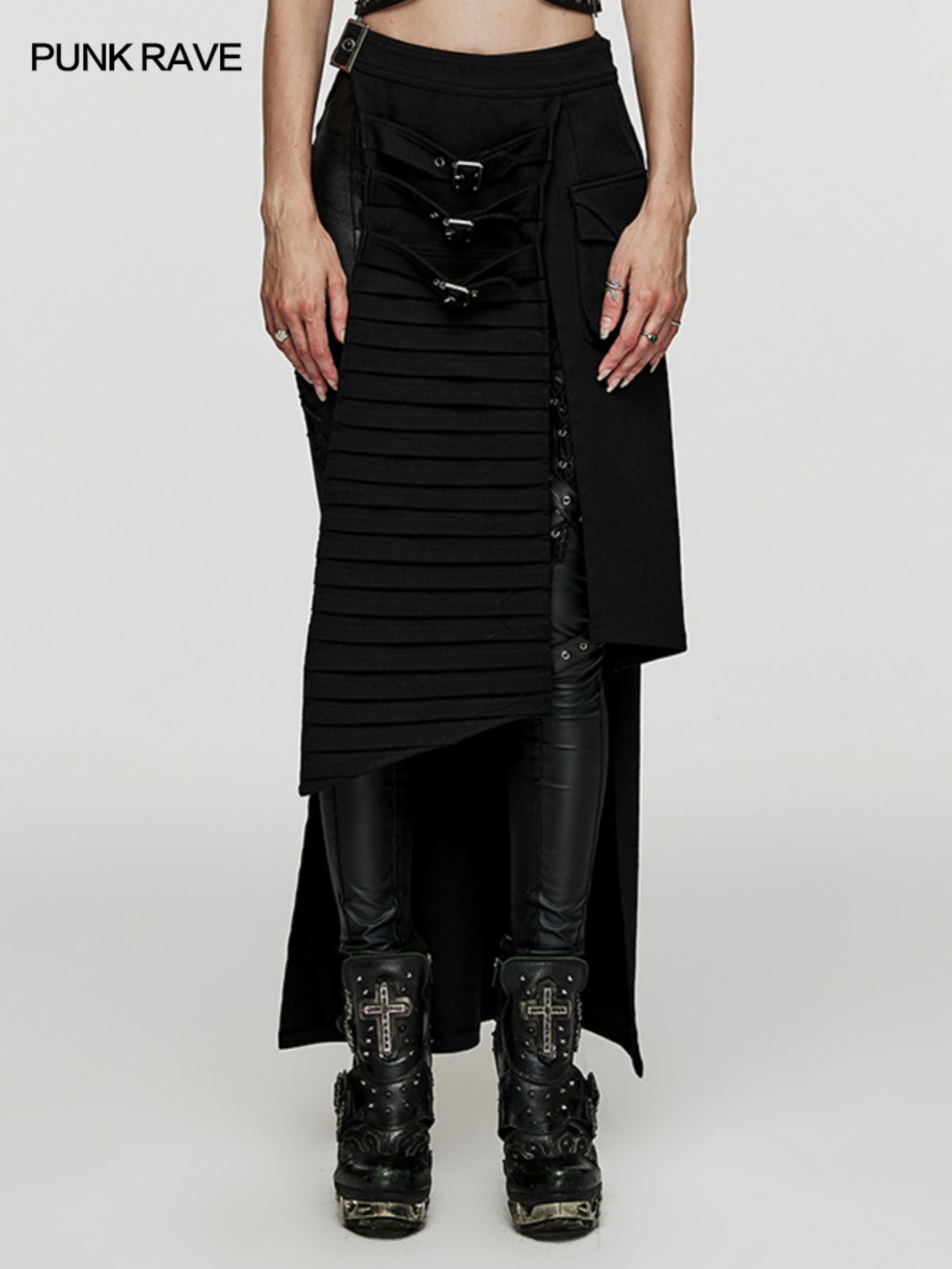 Punk denim asymmetric maxi skirt