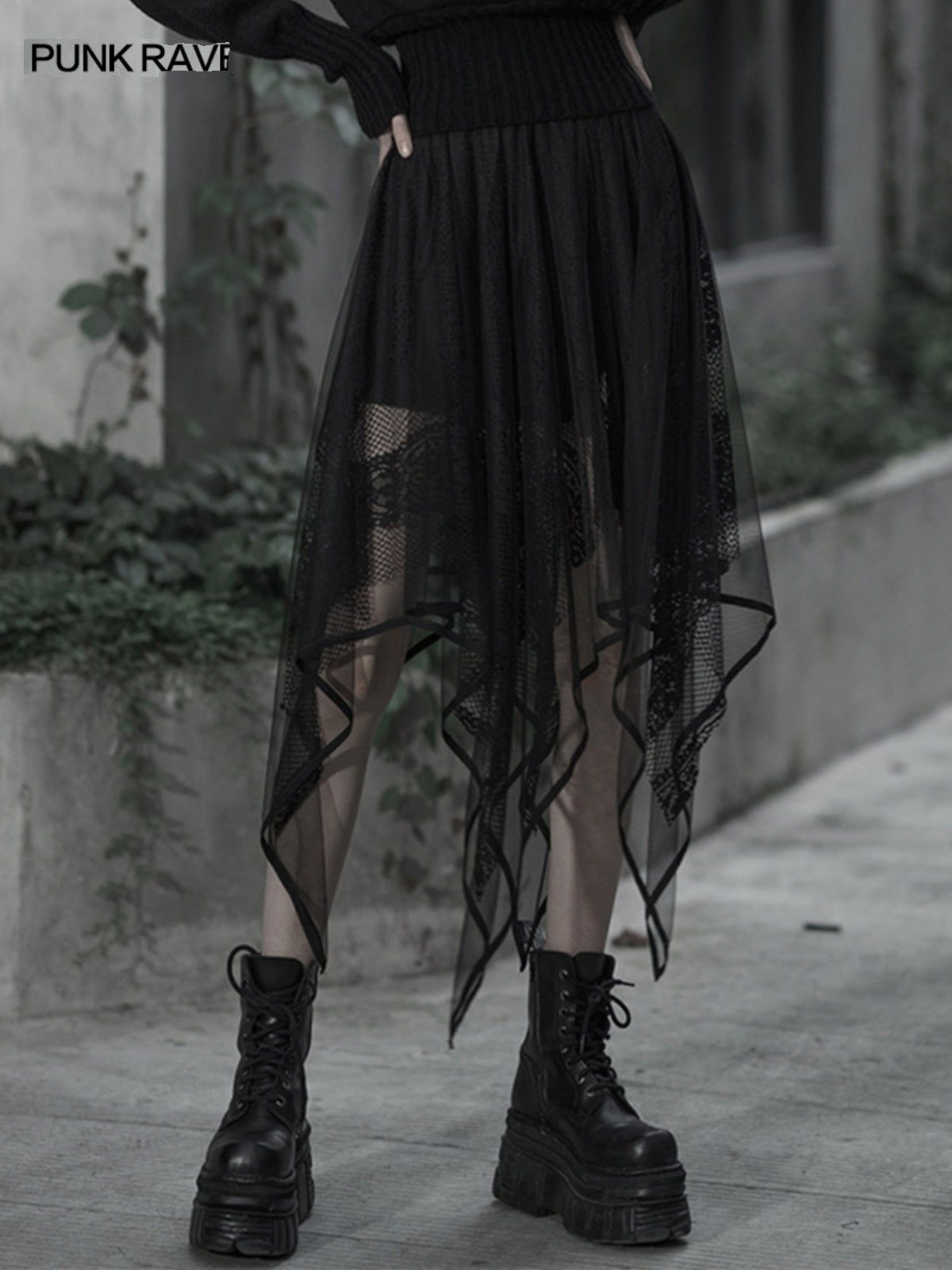 Dark lace-panel chiffon midi skirt