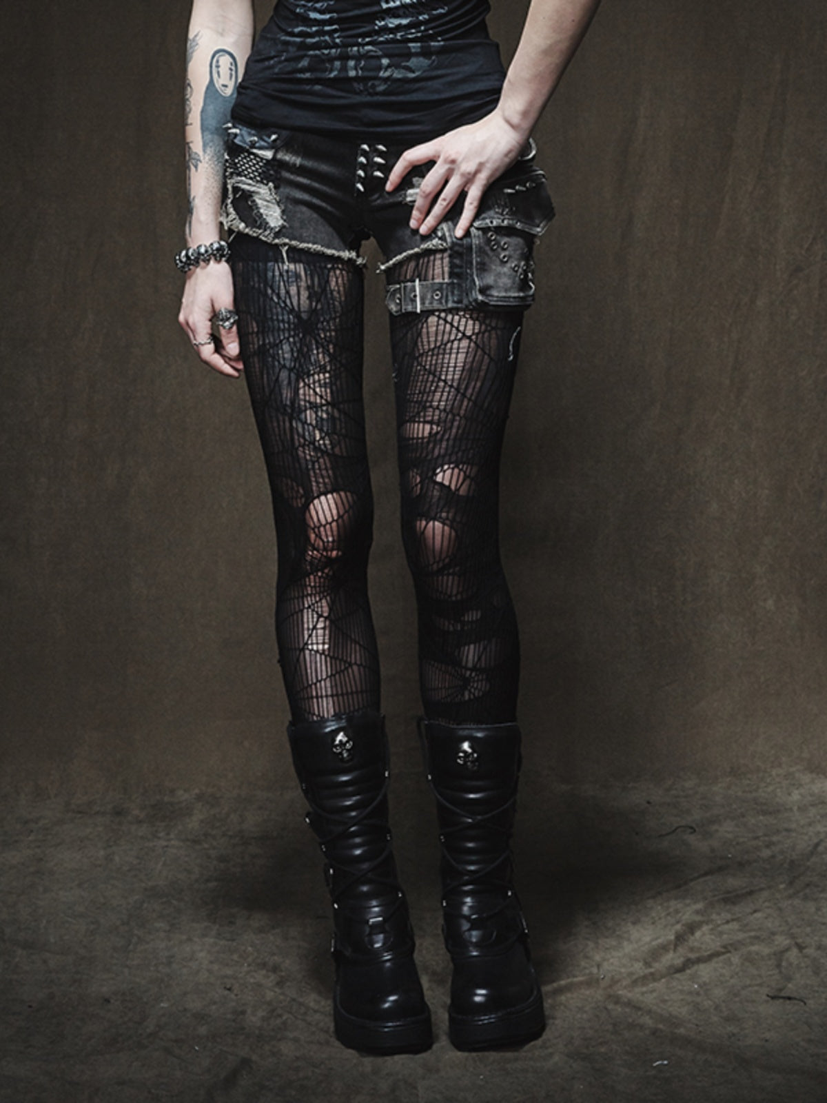 Punk Patchwork Skinny Denim Shorts