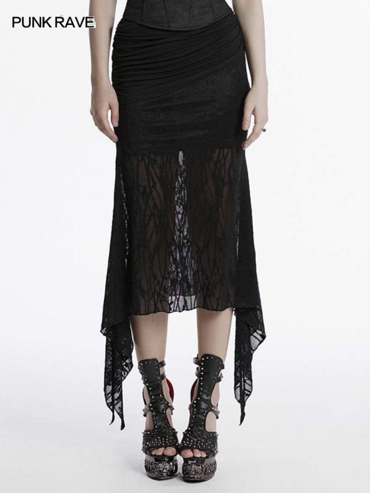 Dark fishtail mesh-panel pencil skirt