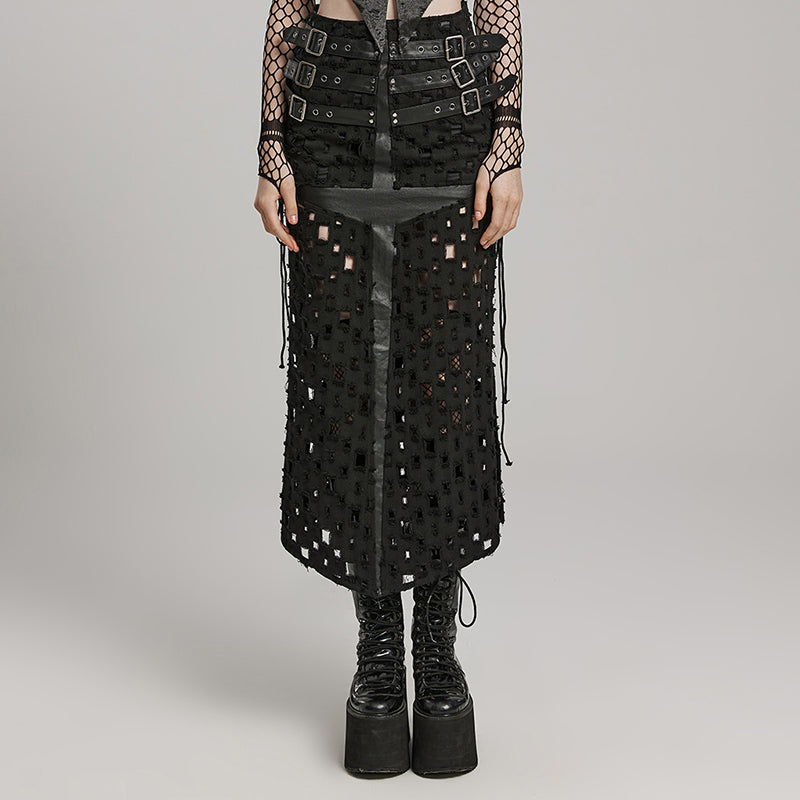 Cutout mesh distressed pencil skirt