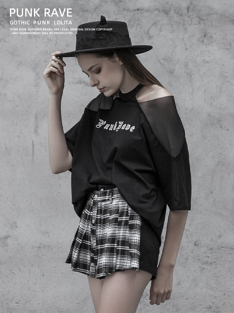 Cutout Mesh Shoulder Black Tee