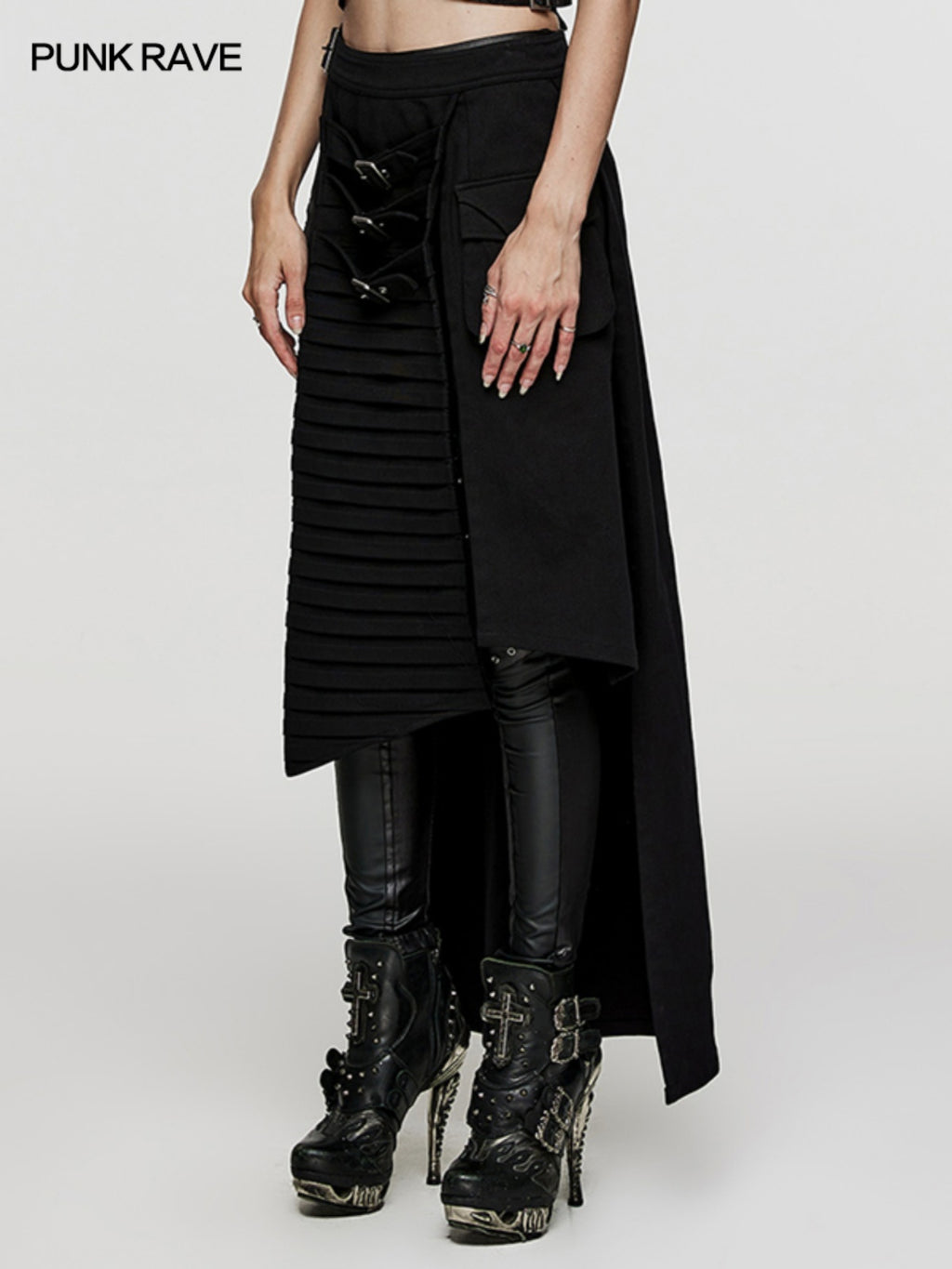 Punk denim asymmetric maxi skirt