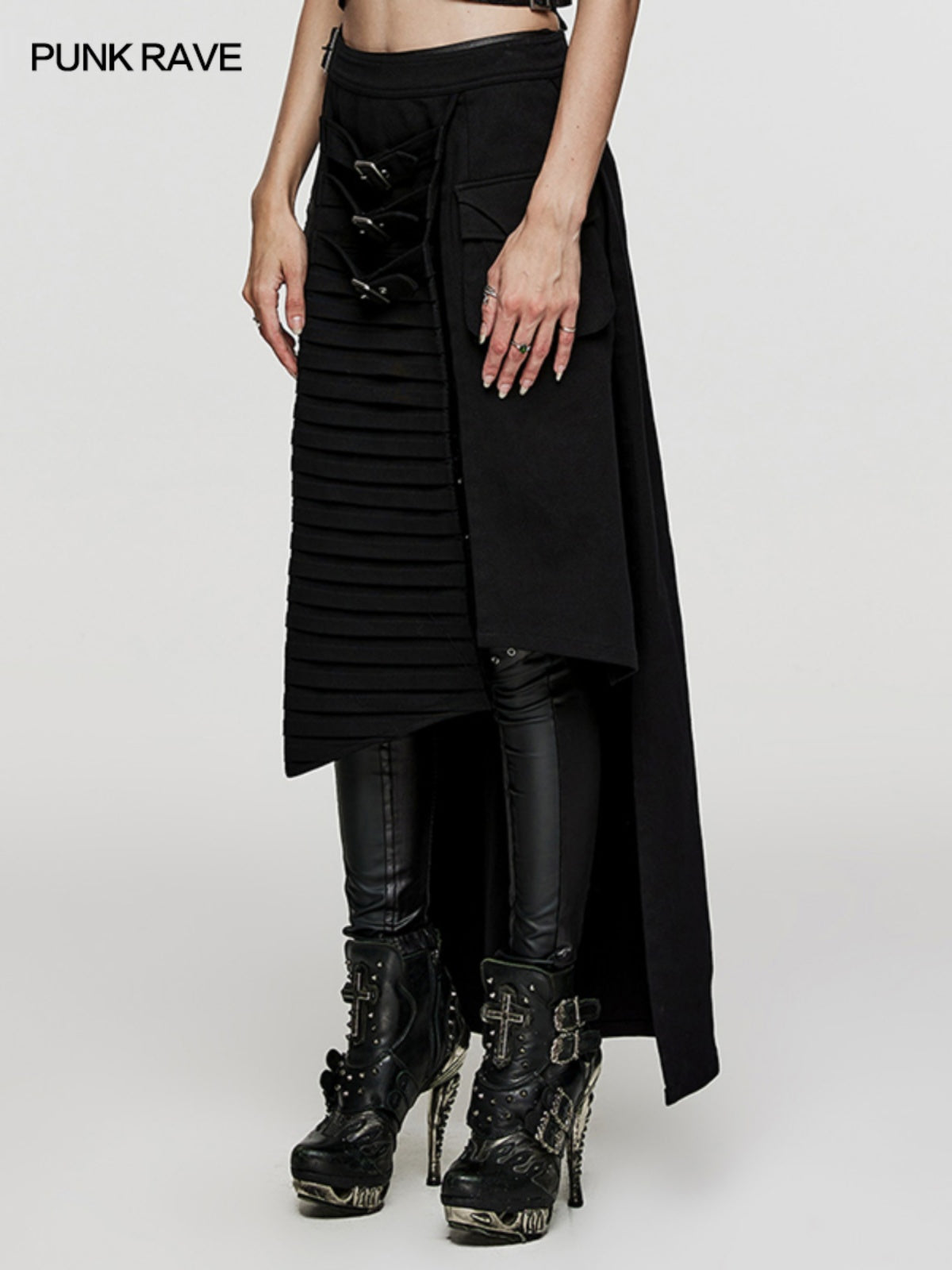 Punk denim asymmetric maxi skirt
