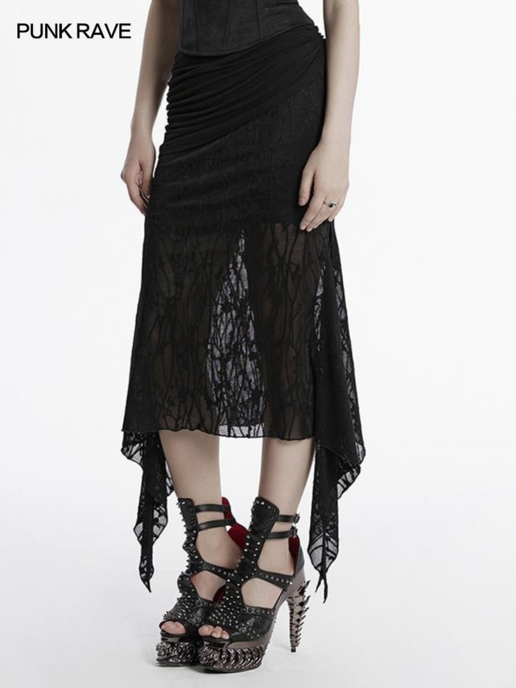 Dark fishtail mesh-panel pencil skirt