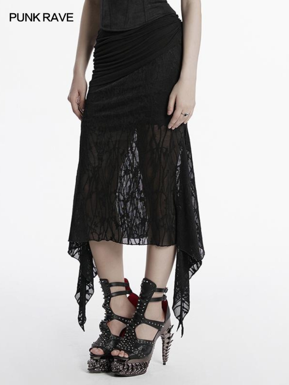 Dark fishtail mesh-panel pencil skirt