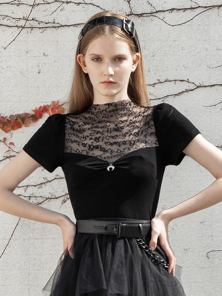 Lace-Patch Slim Mandarin Tee