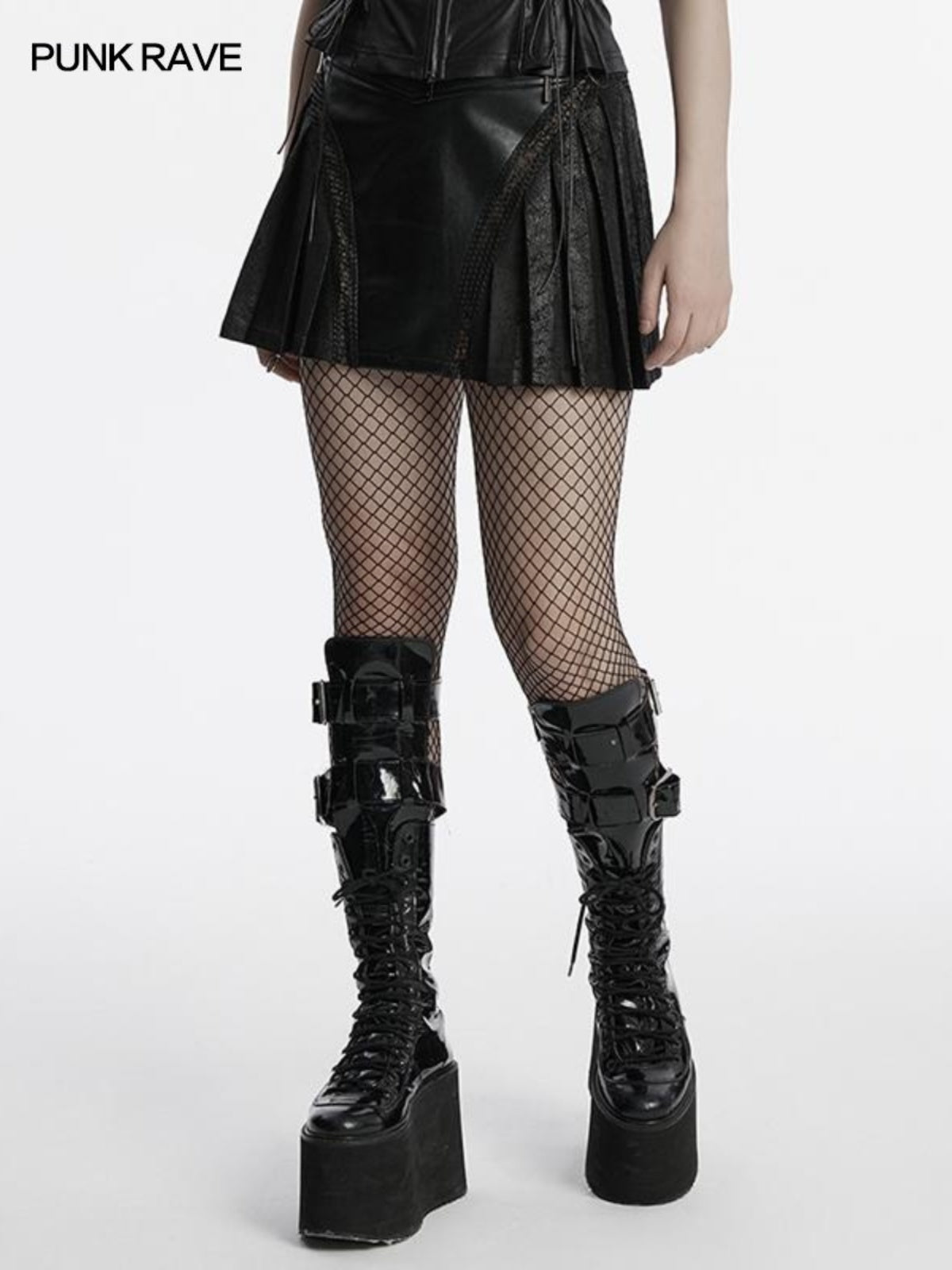 Punk pleated faux-leather mini skirt