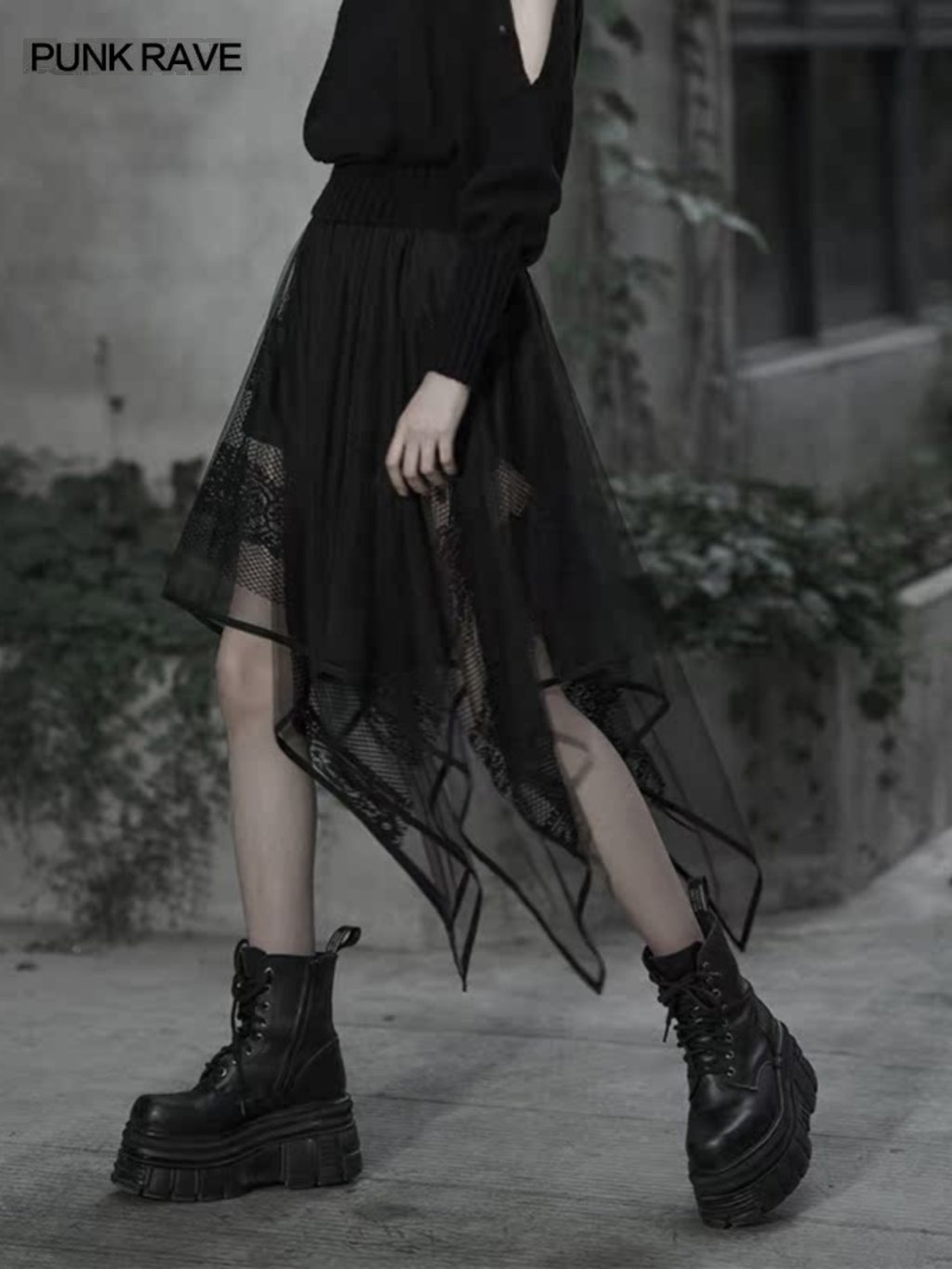 Dark lace-panel chiffon midi skirt