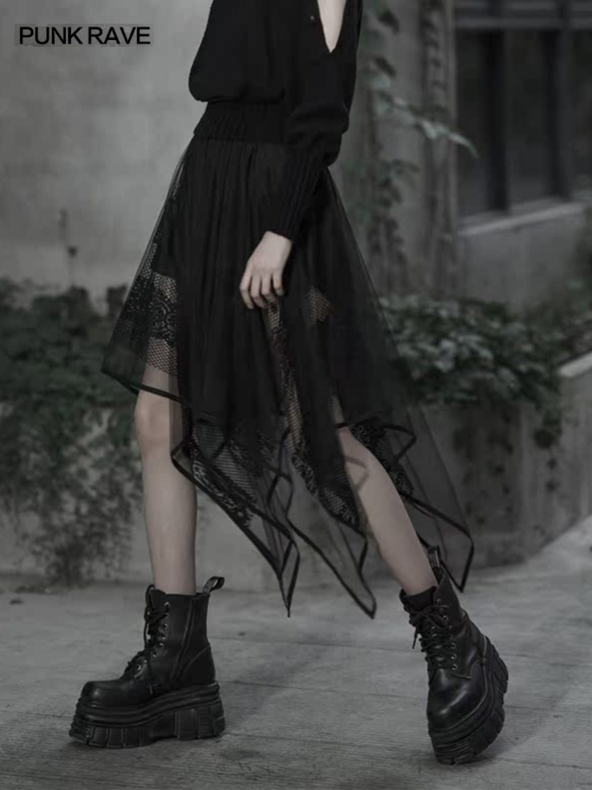 Dark lace-panel chiffon midi skirt