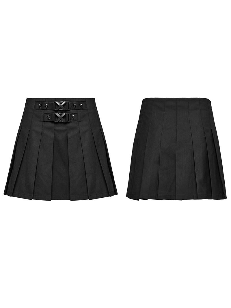 Punk buckle pleated A-line skirt