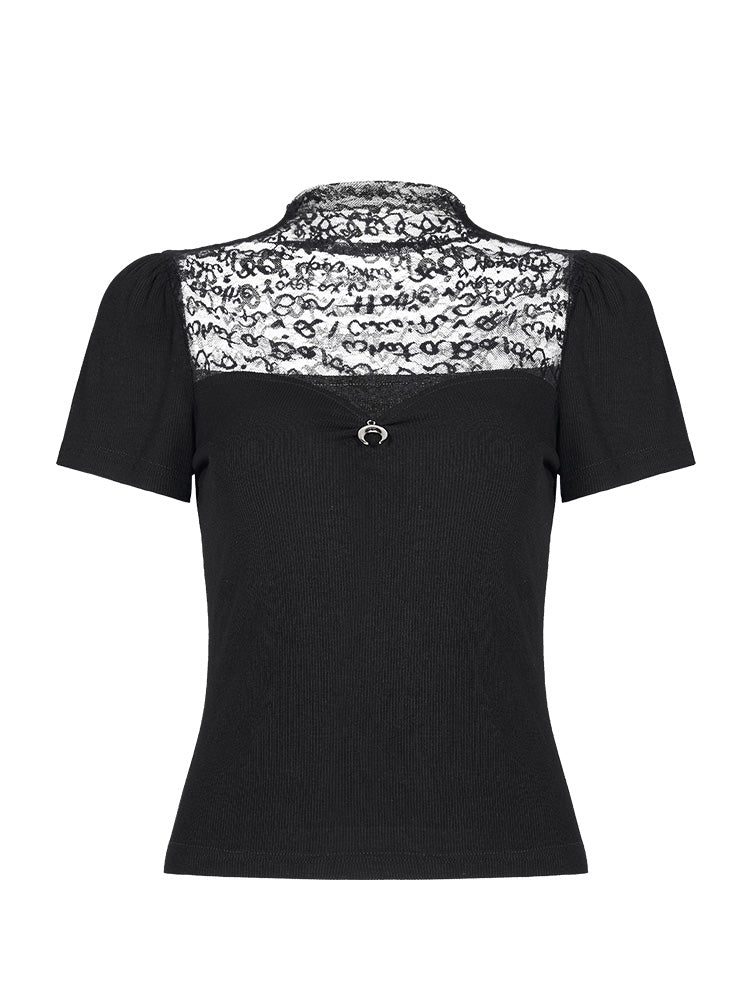 Lace-Patch Slim Mandarin Tee