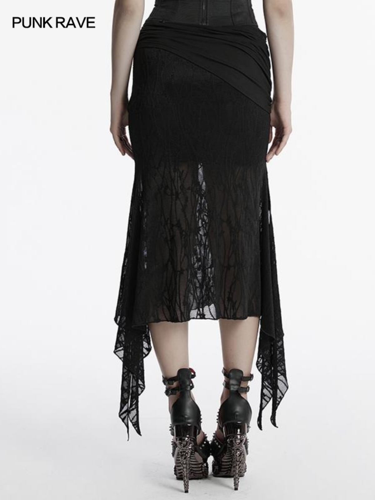 Dark fishtail mesh-panel pencil skirt