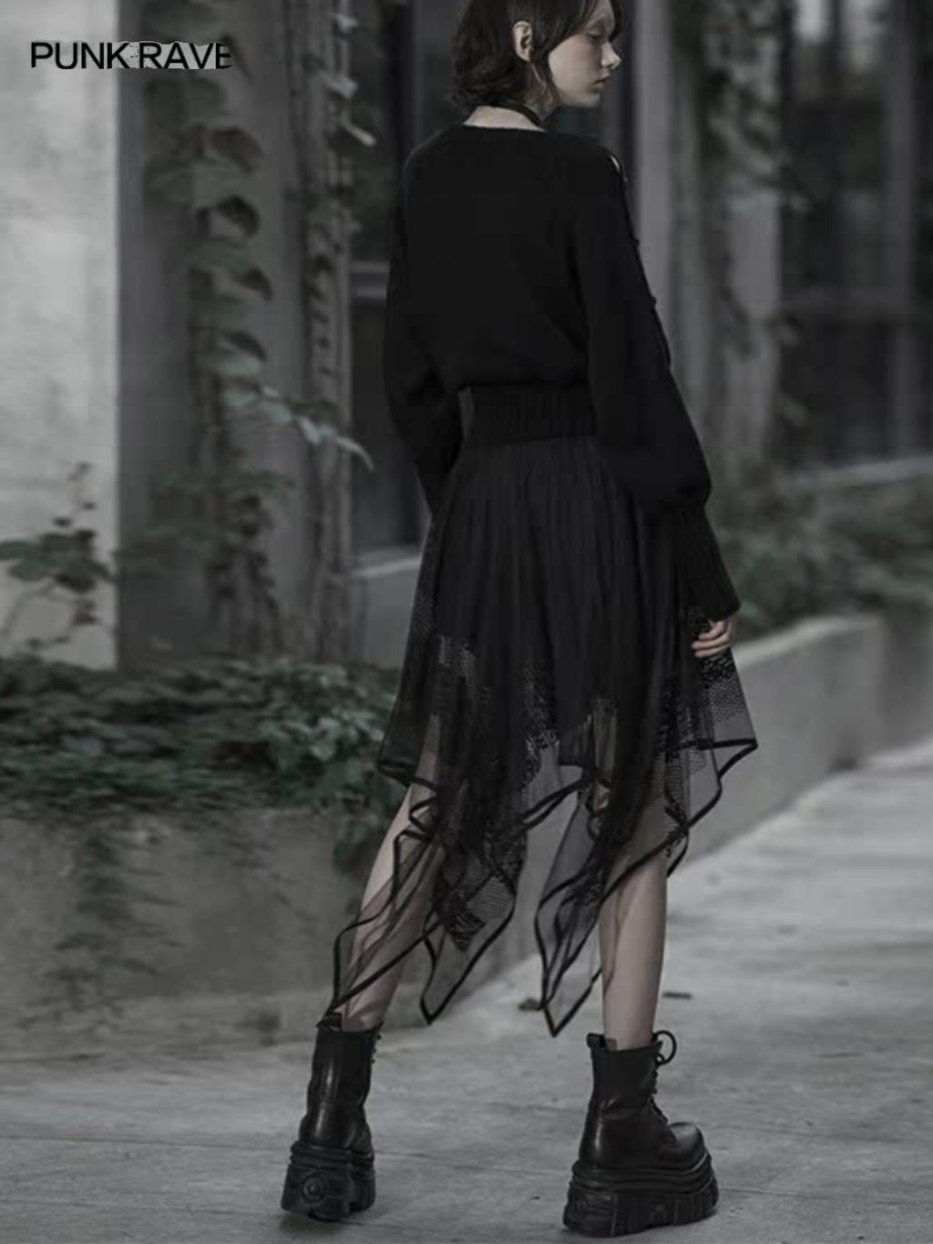 Dark lace-panel chiffon midi skirt