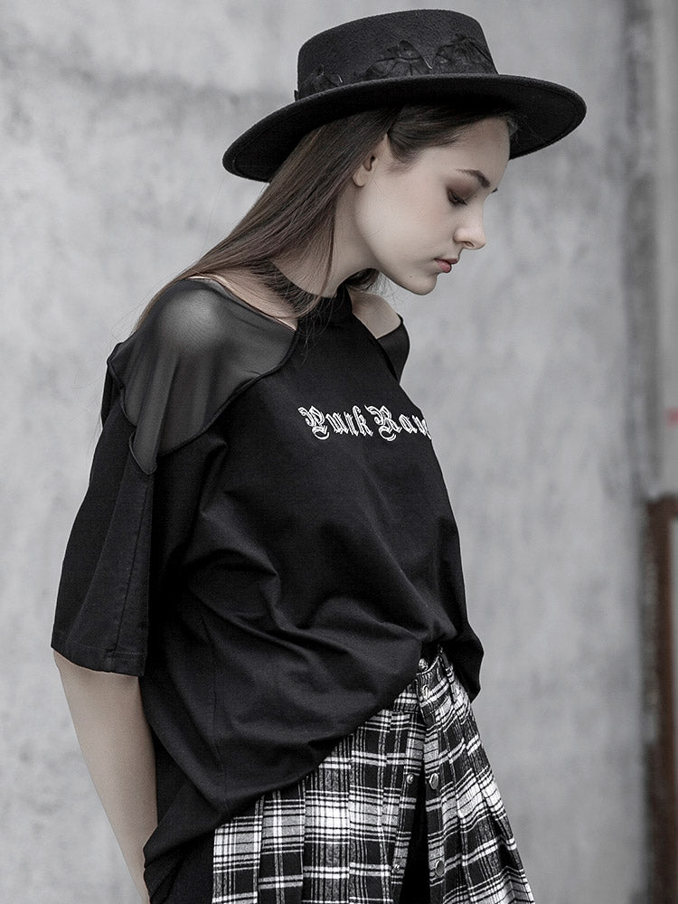 Cutout Mesh Shoulder Black Tee