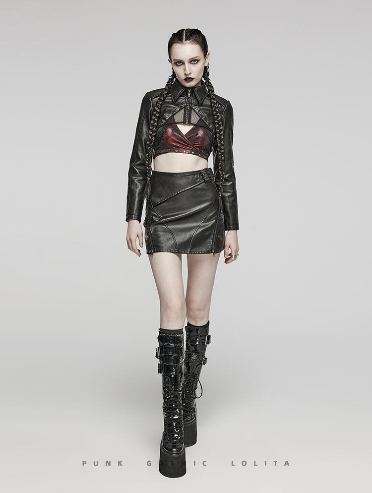 Punk faux-leather slit mini skirt