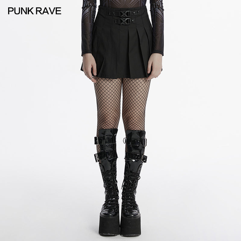 Punk buckle pleated A-line skirt