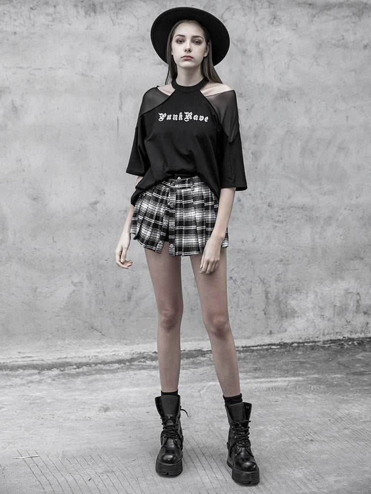 Cutout Mesh Shoulder Black Tee