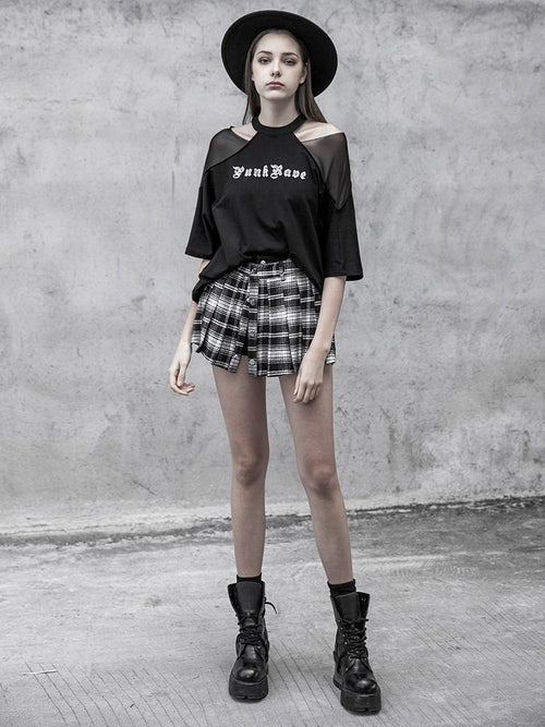Cutout Mesh Shoulder Black Tee