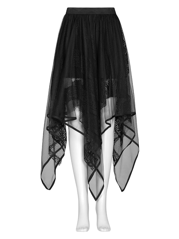 Dark lace-panel chiffon midi skirt