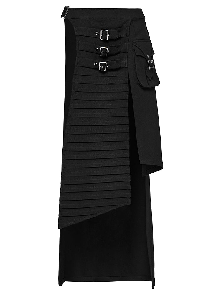 Punk denim asymmetric maxi skirt