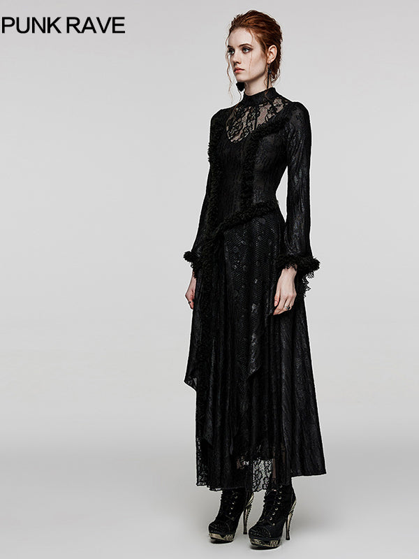 Lace Patchwork Long-Sleeve Maxi Dress