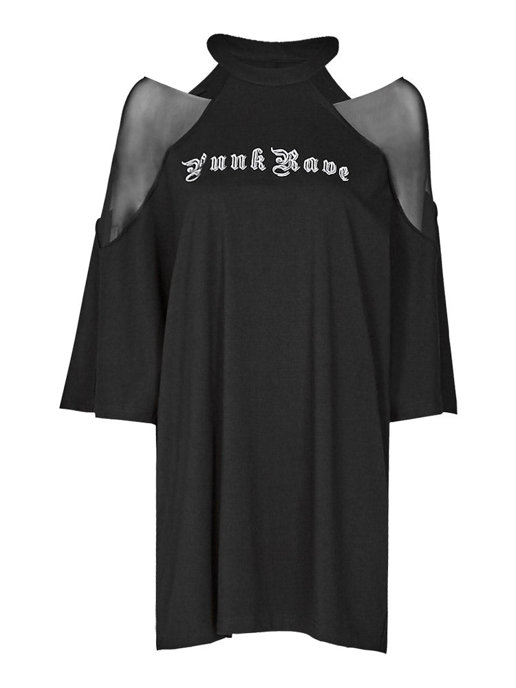 Cutout Mesh Shoulder Black Tee