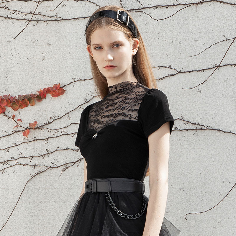 Lace-Patch Slim Mandarin Tee
