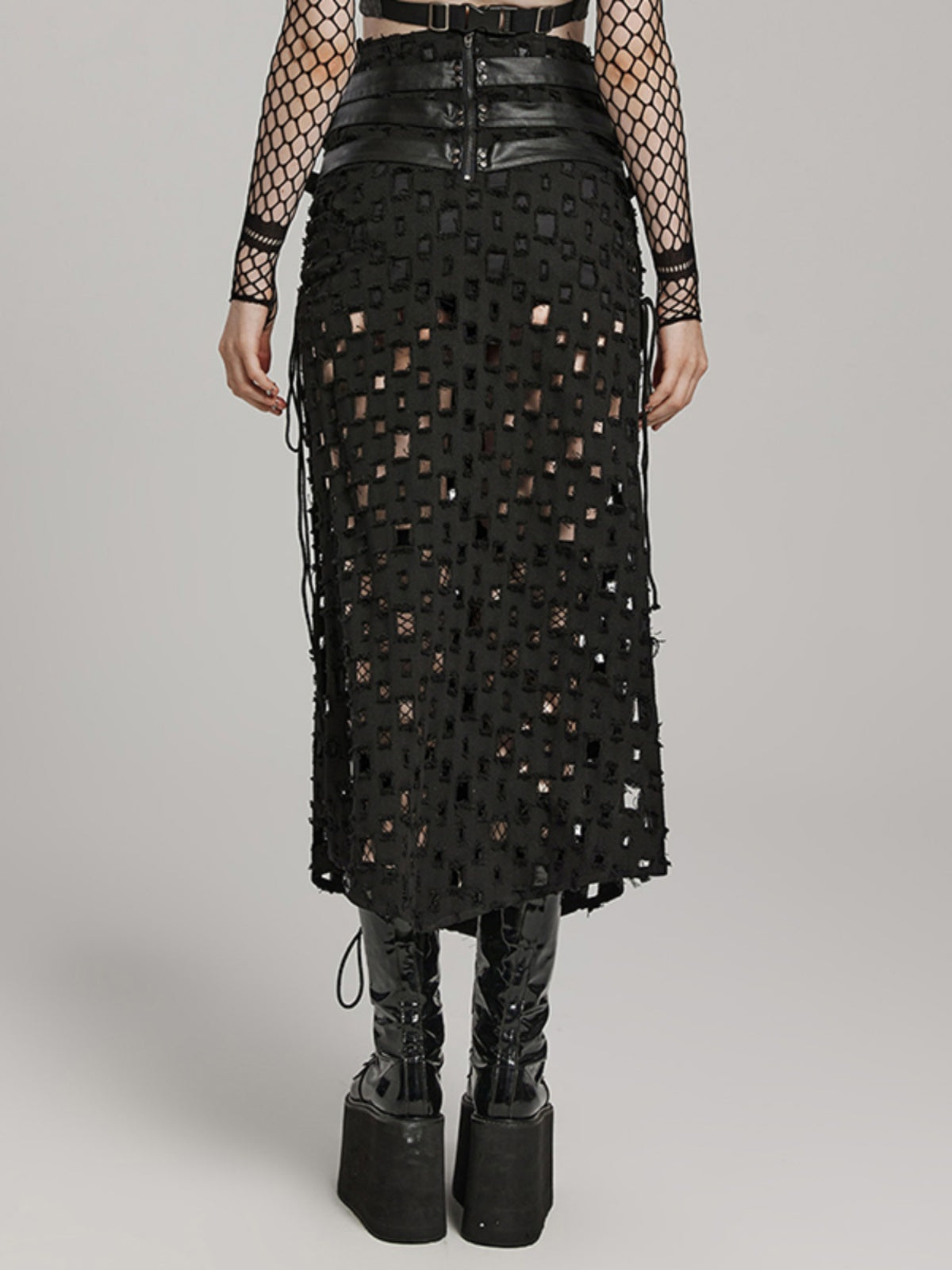 Cutout mesh distressed pencil skirt