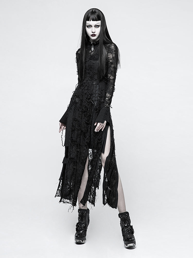 Gothic Rose Lace Slit Maxi Dress