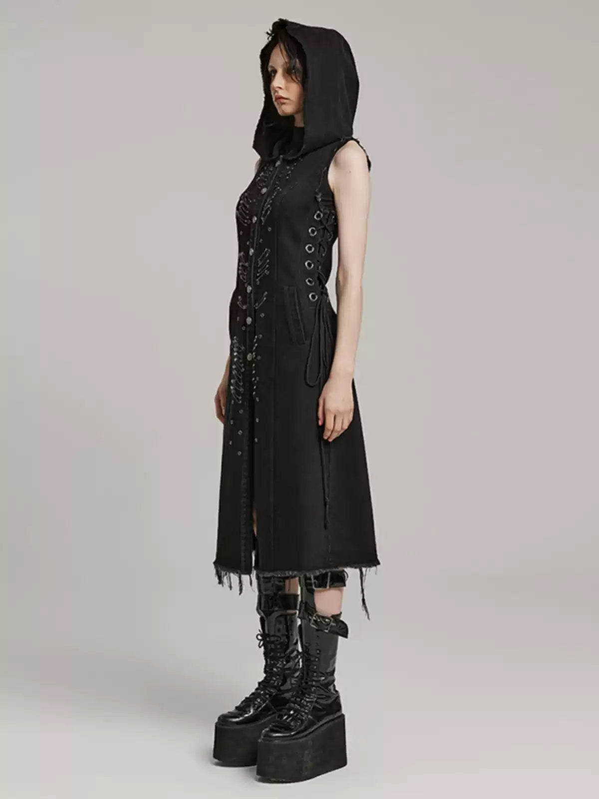 Grunge Sleeveless Lace-Up Hooded Dress
