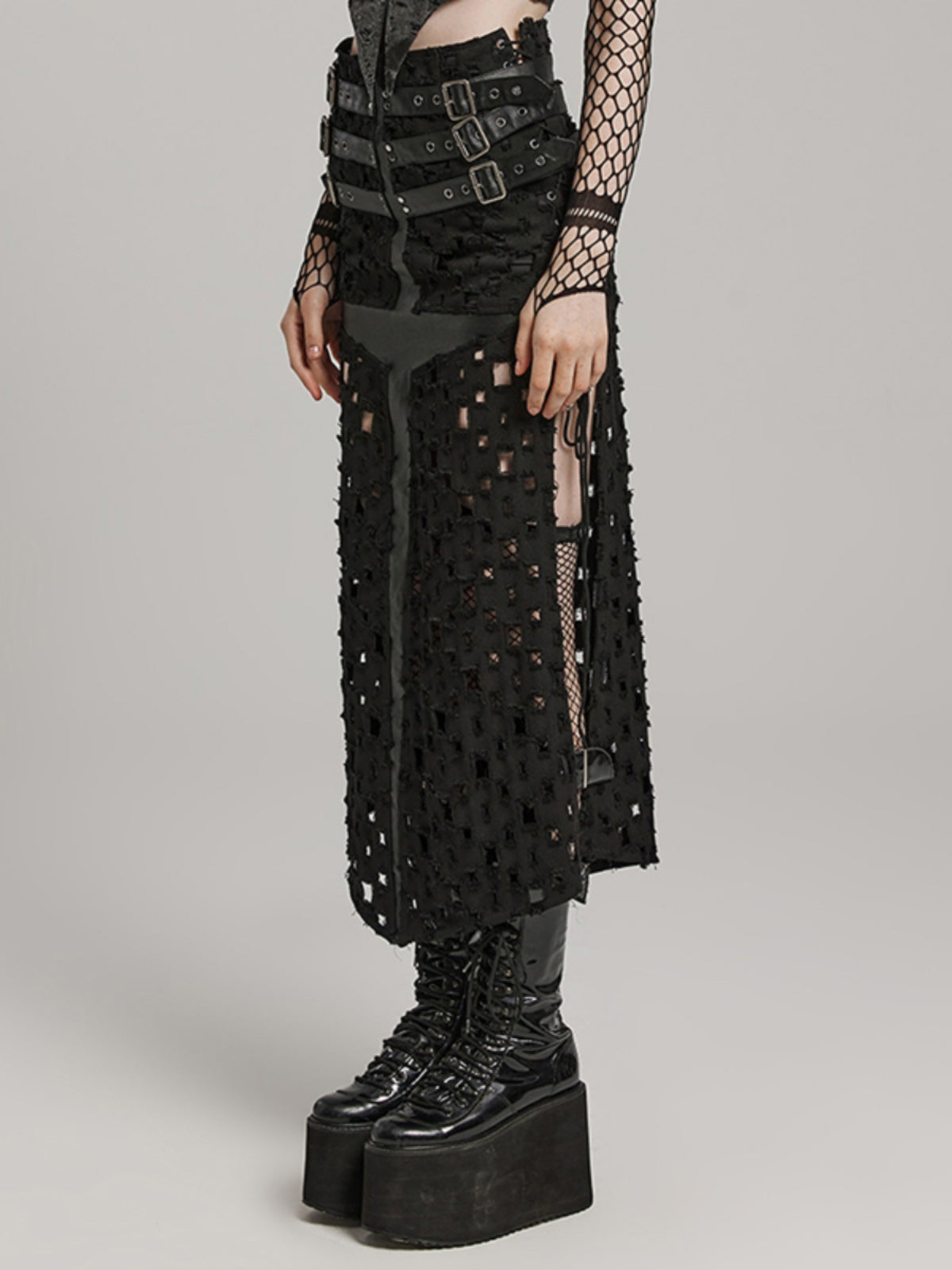 Cutout mesh distressed pencil skirt