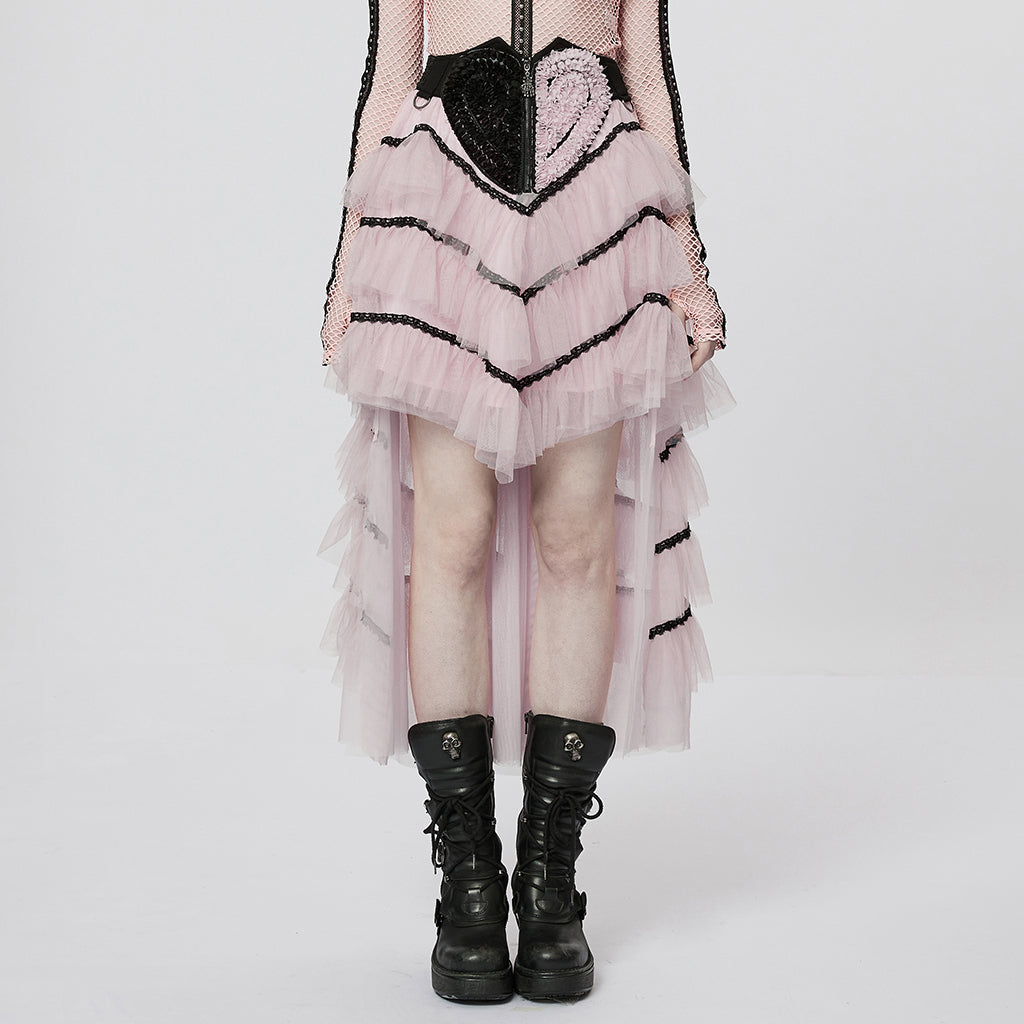 Pink ruffled mesh long skirt