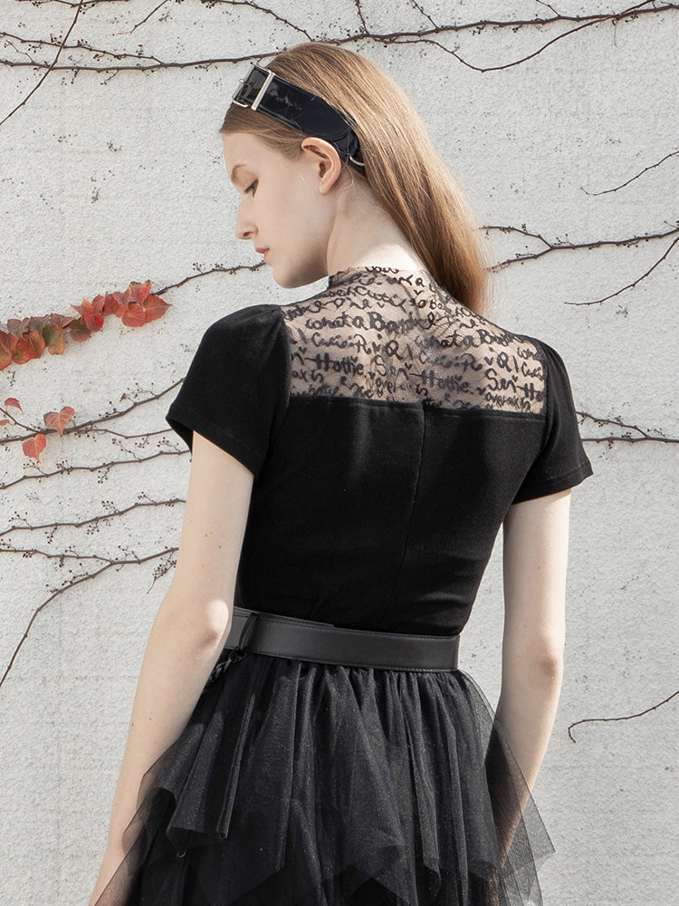 Lace-Patch Slim Mandarin Tee
