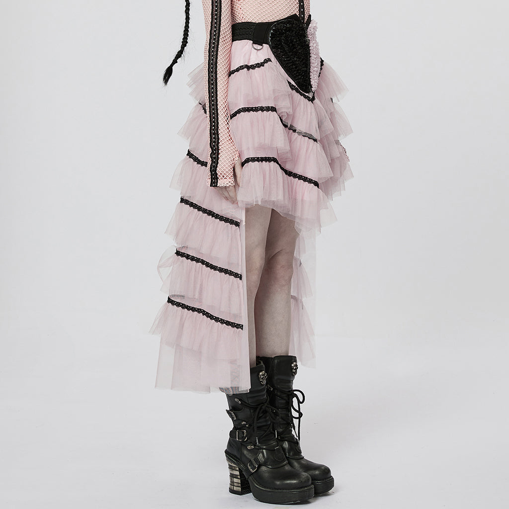 Pink ruffled mesh long skirt