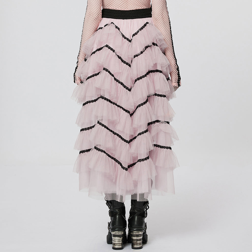 Pink ruffled mesh long skirt