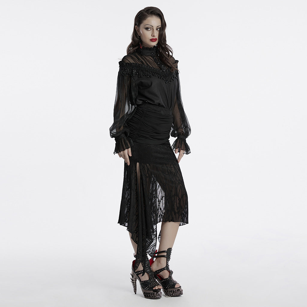 Dark fishtail mesh-panel pencil skirt