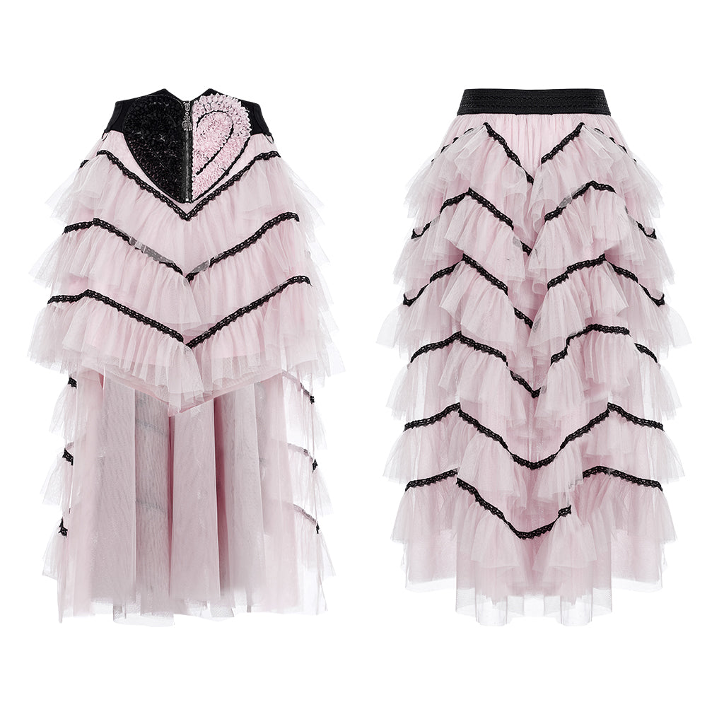 Pink ruffled mesh long skirt