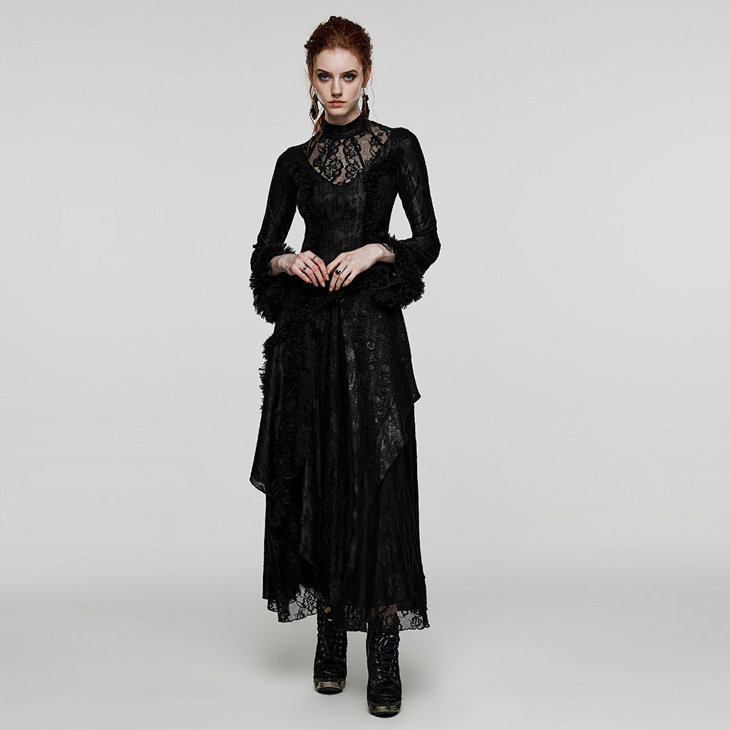 Lace Patchwork Long-Sleeve Maxi Dress