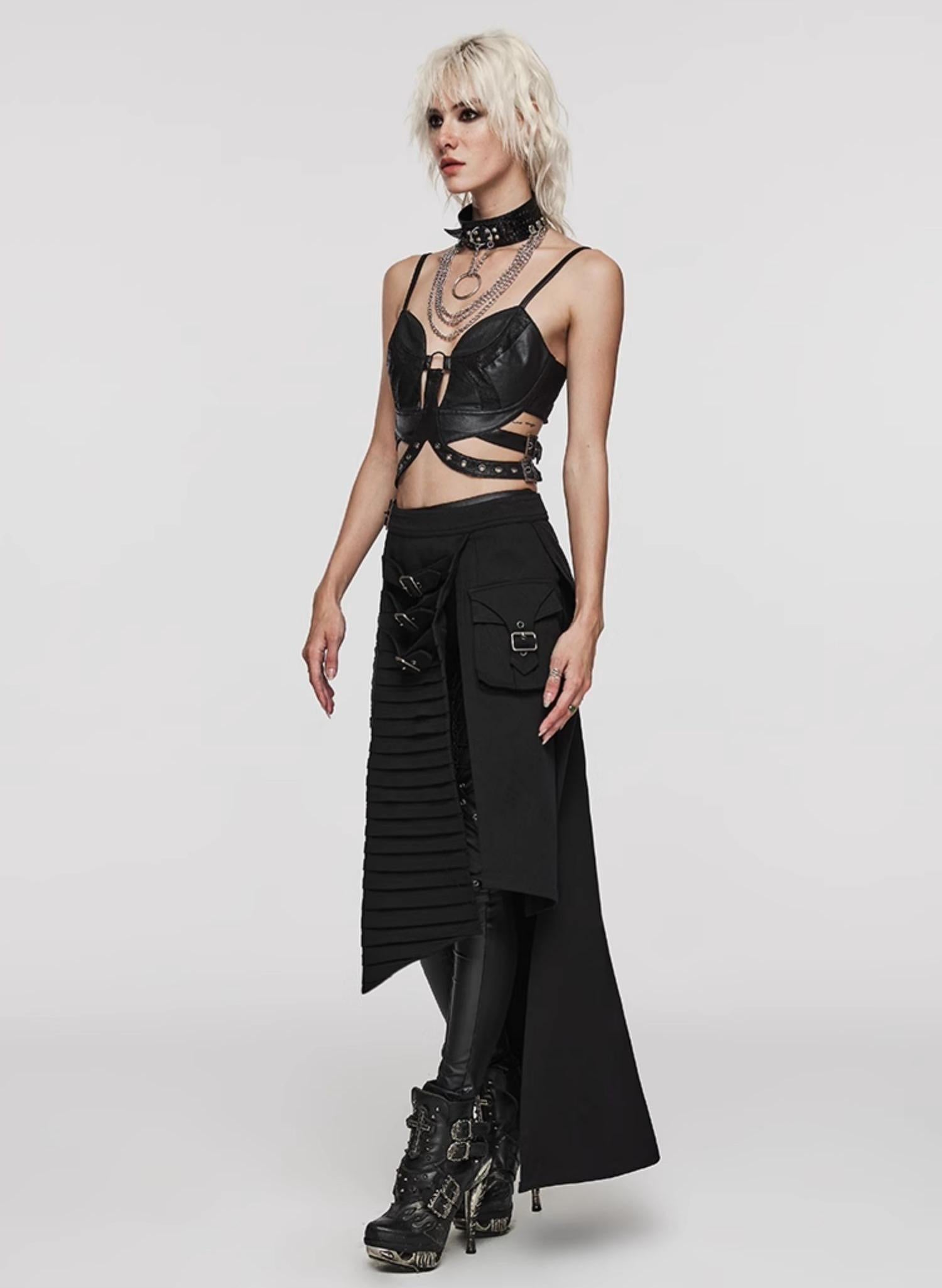 Punk denim asymmetric maxi skirt
