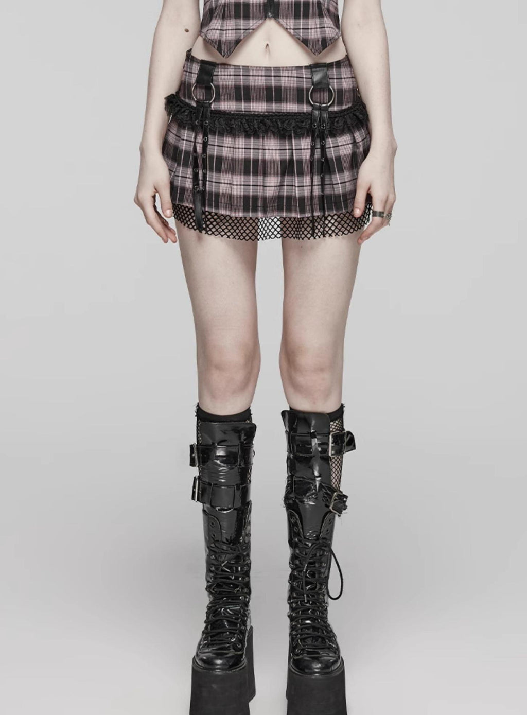Punk plaid lace mini skirt