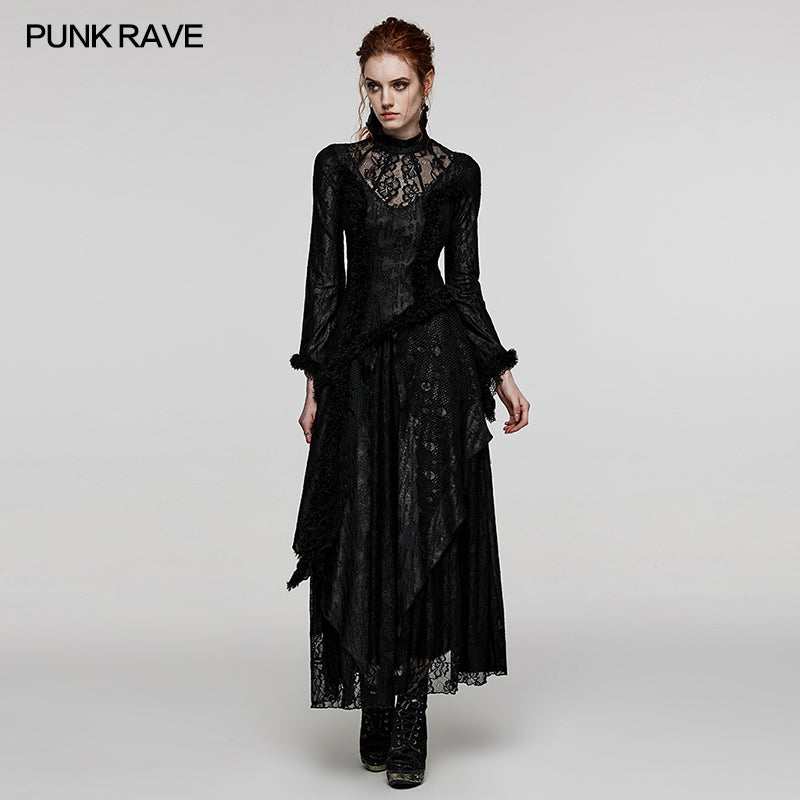 Lace Patchwork Long-Sleeve Maxi Dress