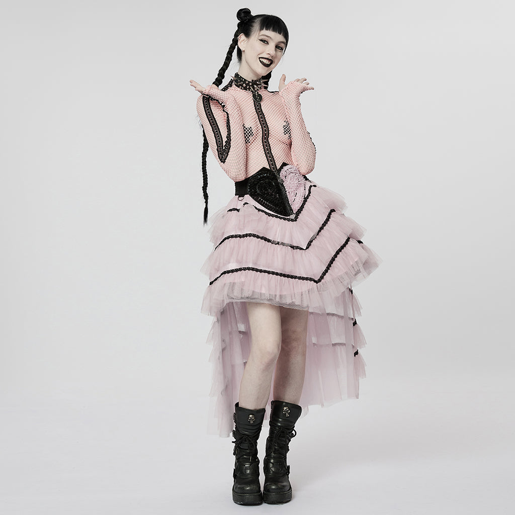 Pink ruffled mesh long skirt