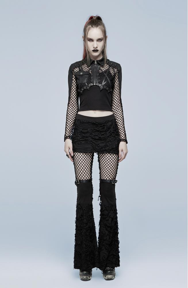 Mesh-panel wide-leg black pants