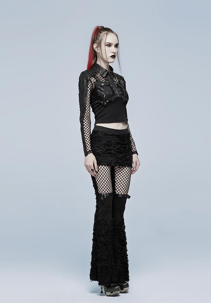 Mesh-panel wide-leg black pants