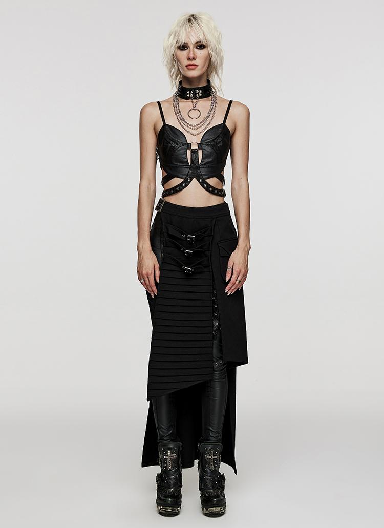 Punk denim asymmetric maxi skirt