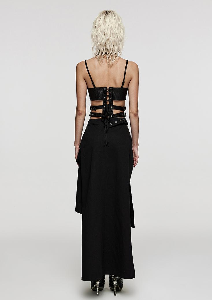Punk denim asymmetric maxi skirt